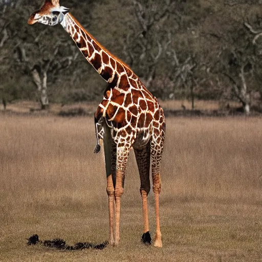 Prompt: national geographic photo of a giraffe wearing a red tie on its neck