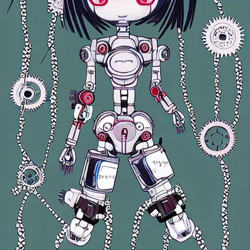 Image similar to Anime manga robot!! Anime girl, cyborg girl, exposed wires and gears, fully robotic!! girl, manga!! in the style of Junji Ito and Naoko Takeuchi, cute!! chibi!!! Schoolgirl, epic full color illustration