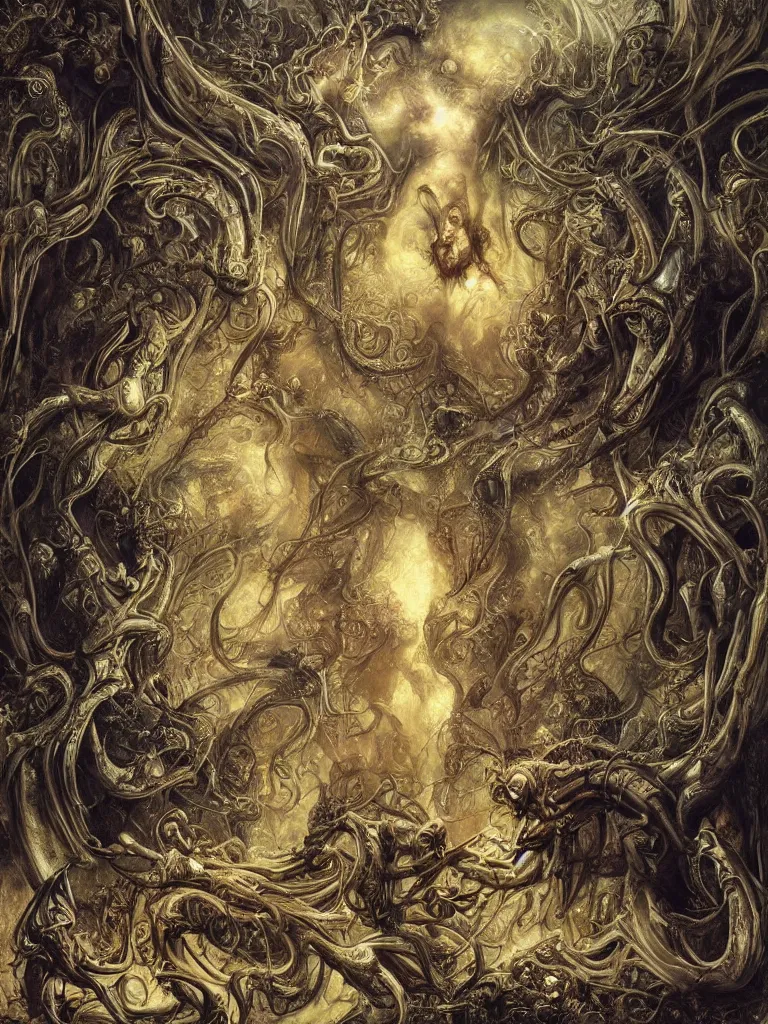 Image similar to muscular eldritch radiating town fractal shimmering phantasm, by h. r. giger and esao andrews and maria sibylla merian eugene delacroix, gustave dore, thomas moran, pop art, chiaroscuro, biopunk, art nouveau