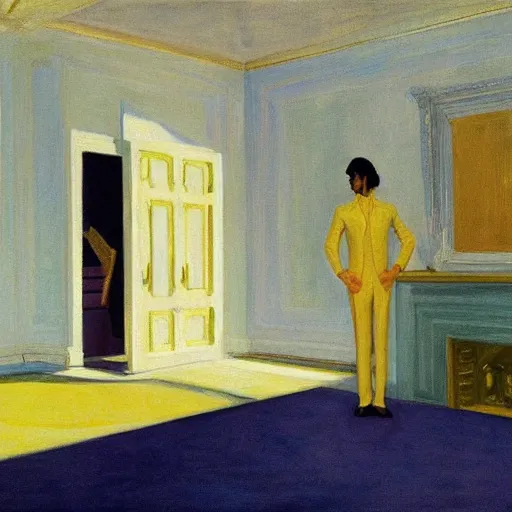 Prompt: Prince with gold clothes in a white palace by Edward hopper