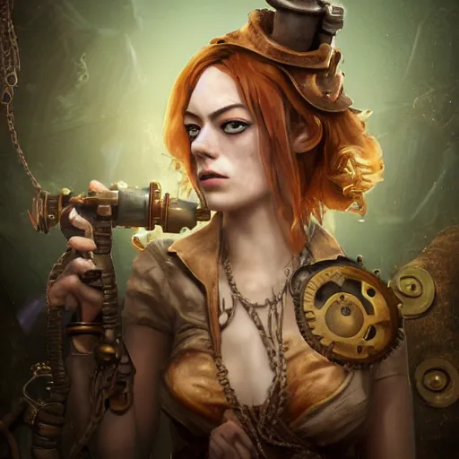 Image similar to underwater steampunk pirate portrait of emma stone, hyper detailed, digital art, trending in artstation, cinematic lighting, studio quality, smooth render, unreal engine 5 rendered, octane rendered, art style by klimt and nixeu and ian sprigger and wlop and krenz cushart.