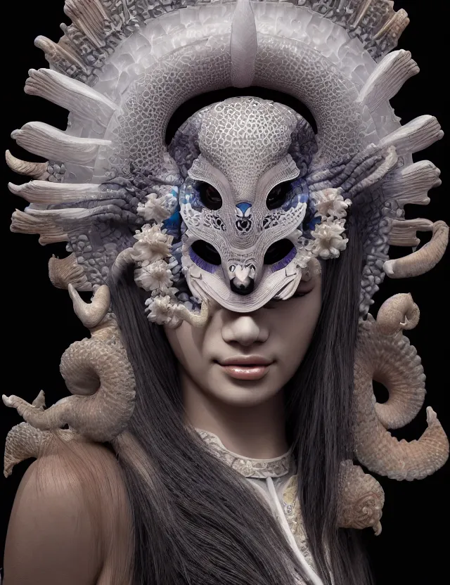 Image similar to 3 d goddess close - up 3 / 4 portrait with ram skull. beautiful intricately detailed japanese crow kitsune mask and clasical japanese kimono. betta fish, jellyfish phoenix, bio luminescent, plasma, ice, water, wind, creature, artwork by tooth wu and wlop and beeple and greg rutkowski