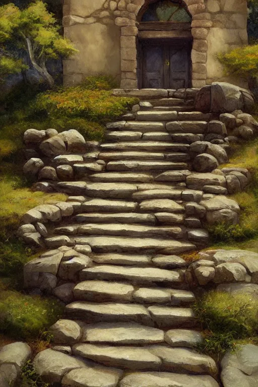 Image similar to stone steps fantasy landscape artstation by emilia dziubak, will terry, greg olsen, chris mars, ann long, and mark brooks, edward hopper dramatic, fairytale, art nouveau, victorian, gothic,