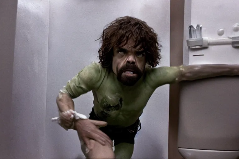 Image similar to peter dinklage climbing out of a toilet, movie still, from the new toxic avenger movie, 8 k, realistic