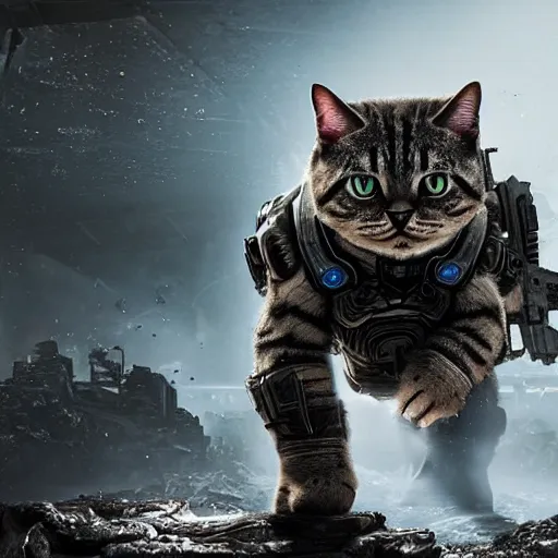 Image similar to lil bub the cat in gears of war, splash art, movie still, cinematic lighting, dramatic, octane render, long lens, shallow depth of field, bokeh, anamorphic lens flare, 8 k, hyper detailed, 3 5 mm film grain