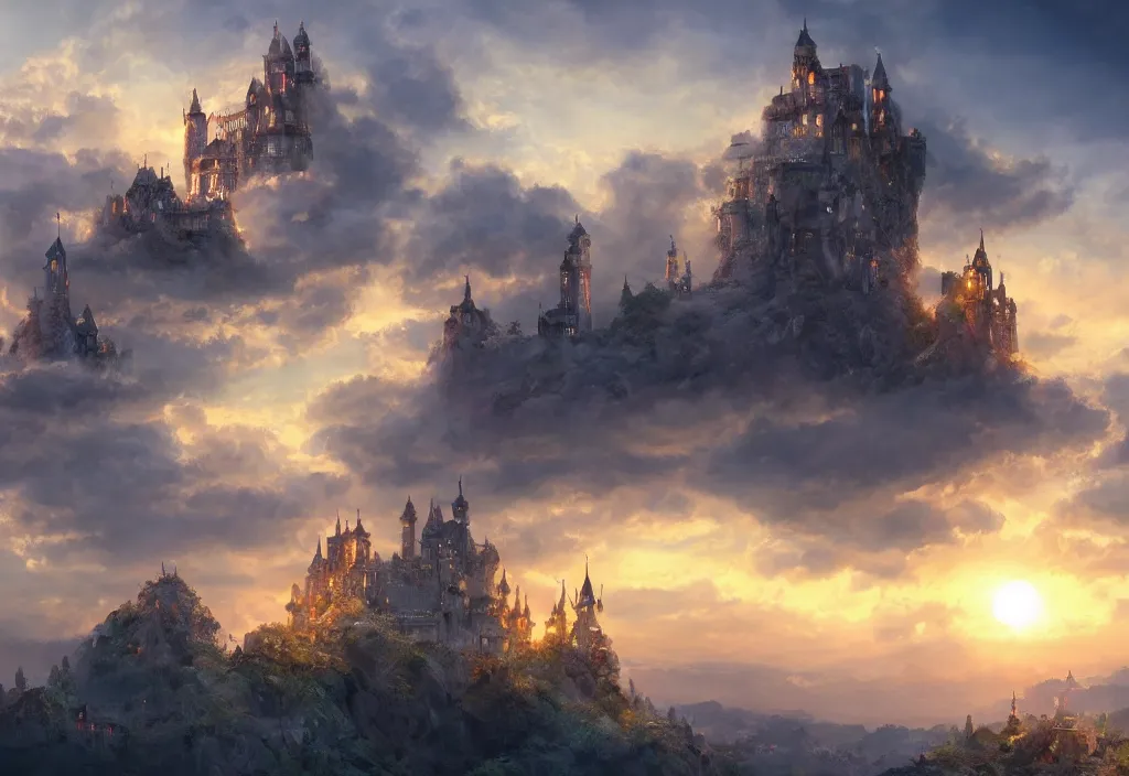 Image similar to a magical castle on the clouds, sunset, epic, trendy on artstation, concept art