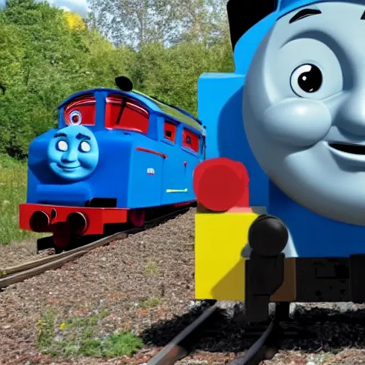 Prompt: tomska punching a thomas the tank engine to death