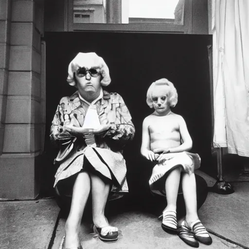 Image similar to high quality high detail photograph by diane arbus and vivian maier, hd, odd models acting weird, unusual, intense, psychological, photorealistic lighting