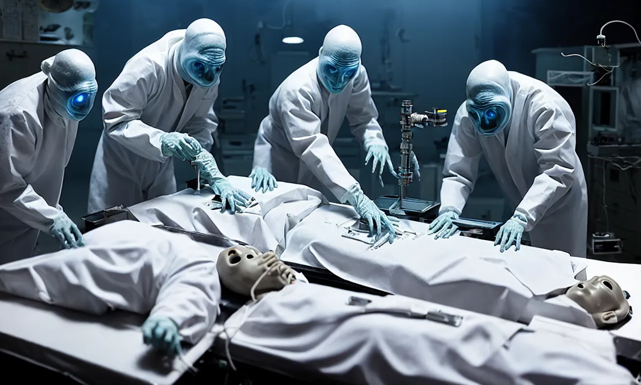 Prompt: scientists making grey alien autopsy in dark laboratory, with electric arc device, lightnings, dramatic shadows cast on dirty ground, showcases full of embryos, soft smoke, volumetric lighting, subsurface scattering, dramatic lighting, high detail, from new scifi by digital domain and weta digital, strong ambient occlusion, matrix movie color grading