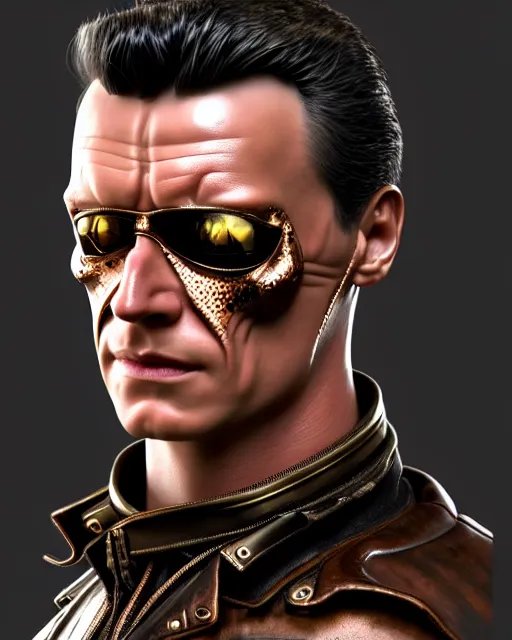 Prompt: steampunk portrait of the t 1 0 0 0 from terminator, au naturel, hyper detailed, digital art, trending in artstation, cinematic lighting, studio quality, smooth render, unreal engine 5 rendered, octane rendered, art style by klimt and nixeu and ian sprigger and wlop and krenz cushart.