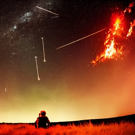 Image similar to astronaut amongst a falling flaming meteor shower and the stars