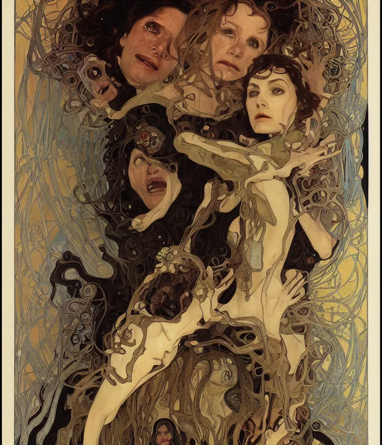 Image similar to Beautiful Horror Movie Poster made for the film Alien (1979), oil painting by Alphonse Mucha and H R Giger and Gustav Klimt, trending on artstation dramatic lighting hyperrealism 8k