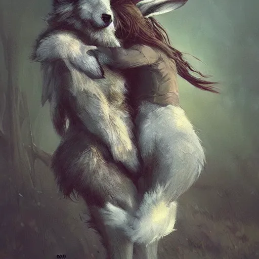 Image similar to A beautiful painting of an anthropomorphic wolf and rabbit hugging, artstation trending, greg rutkowski