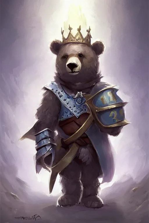 Image similar to cute little anthropomorphic bear knight wearing a cape and a crown, tiny, small, miniature bear, baby animal, short, pale blue armor, cute and adorable, pretty, beautiful, DnD character art portrait, matte fantasy painting, DeviantArt Artstation, by Jason Felix by Steve Argyle by Tyler Jacobson by Peter Mohrbacher, cinematic lighting