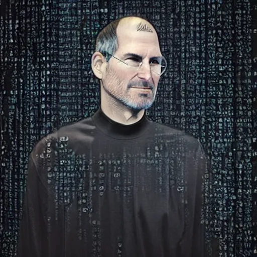 Image similar to “a hyperreal stylized portrait photograph of Steve Jobs wearing an Augmented Reality visor, in the year 2030, cyberpunk”