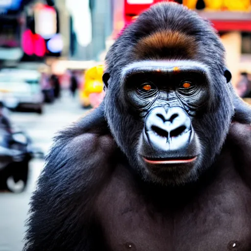 Prompt: a gorilla crossing the street in times square, 4 k photograph, high definition, flattering lighting, low depth of field