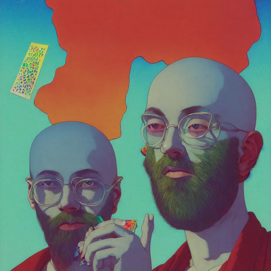 Prompt: a translucent portrait of a young bald bearded man holding a colorful blotter paper of lsd acid and dreaming psychedelic hallucinations in the vast icy landscape of antarctica, by soul bass, kawase hasui, moebius and edward hopper, colorful flat surreal design, xray hd, 8 k, artstation