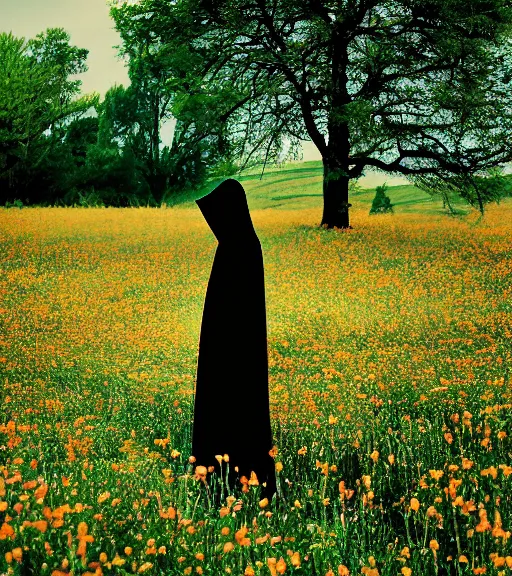 Image similar to tall hooded shadow person figure standing in distance at beautiful meadow of flowers, film photo, grainy, high detail, high resolution