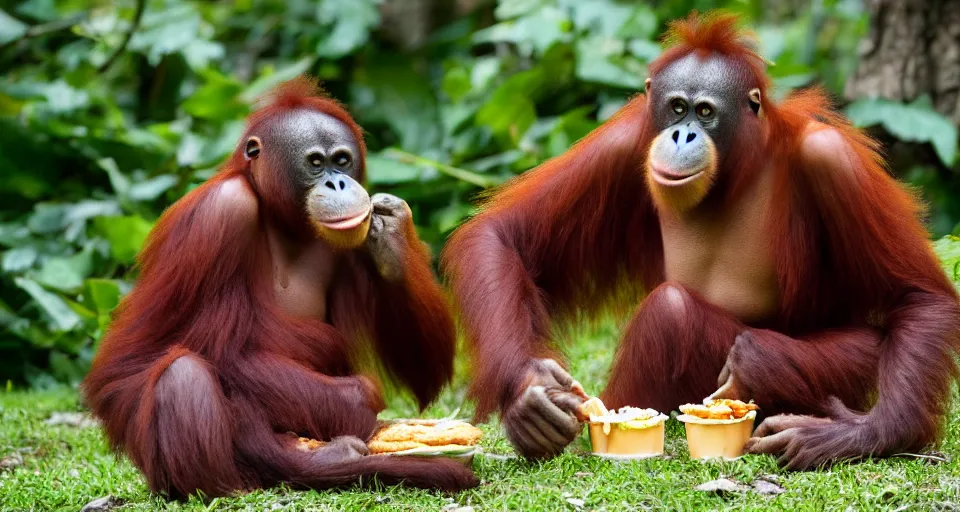 Prompt: a orangutan eating a big mac, holding a drink in its hand