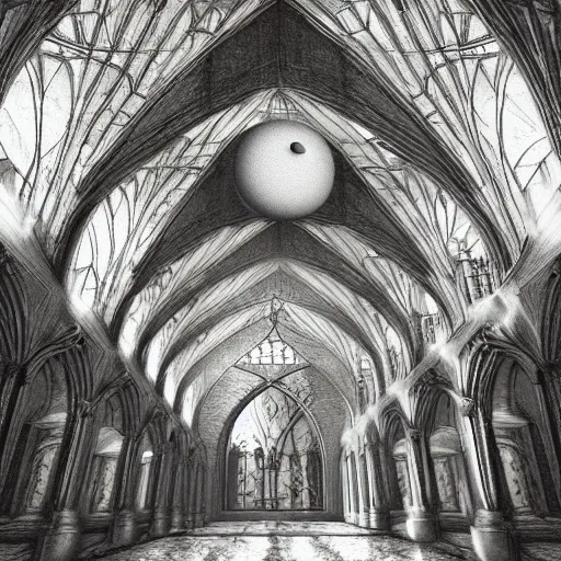 Prompt: large gothic hall with large moon on the ceiling, horror movie, soft light, artstation, detailed, colorfull