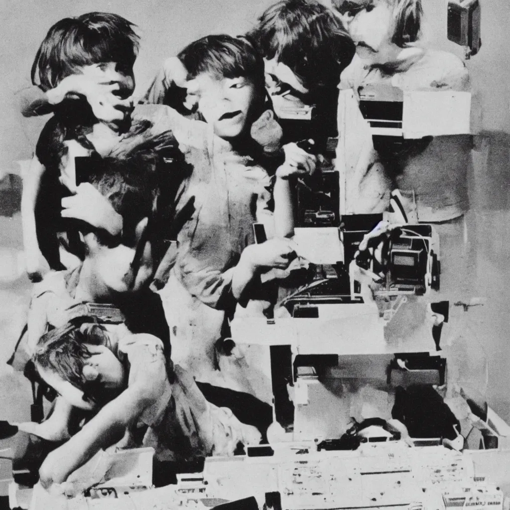 Prompt: A boy and a girl works with commodore 64 in the style of robert doisneau 1930 bauhaus