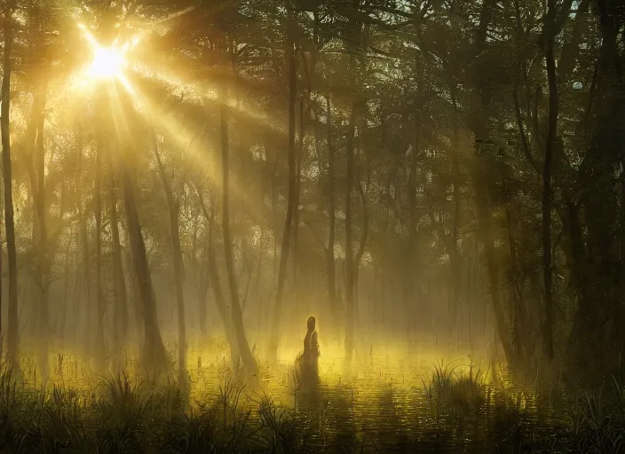 Prompt: misty swamp in early morning, hazy fog, sundown golden hour, firefly wisps, sun rays through trees, Lilia Alvarado, Sophie Anderson, Mark Arian, Bob Byerley, Charlie Bowater, Mark Brooks, Steve Henderson, Justin Gerard, Arthur Hughes, Edward Robert Hughes, Mark Keathley, Victor Nizovtsev, Carlos Shwabe, Ross Tran, WLOP