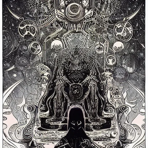 Image similar to black paper + tarot card + eldritch god, vintage detailed sci - fi illustration designed by marc simonetti and mike mignola + psychedelic black light style + intricate ink illustration + symmetry + bloodborne