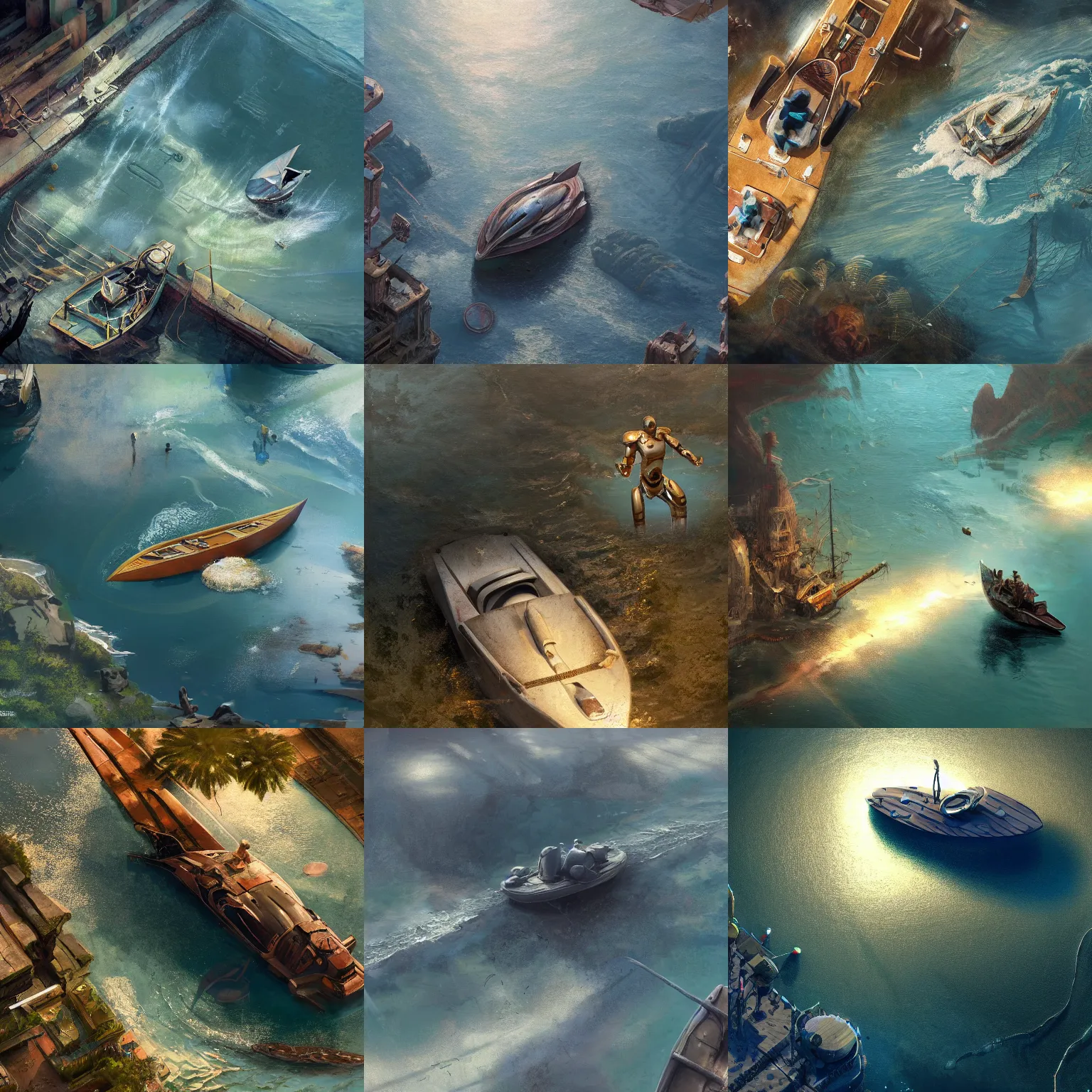 Prompt: an aerial view of a body of water with a large scale humanoid robot laying in the water and a small boat, a detailed matte painting by craig mullins, artstation contest winner, action painting, reimagined by industrial light and magic, artstation hd, concept art