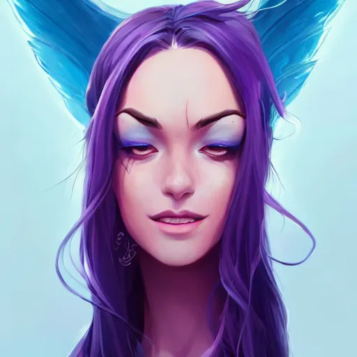 Image similar to beautiful female purple hair tattoo symmetrical face smiling stunning eyes full length fantasy art icon, 2d art cover , official fanart behance hd artstation by Jesper Ejsing, by RHADS, Makoto Shinkai and Lois van baarle, ilya kuvshinov, rossdraws