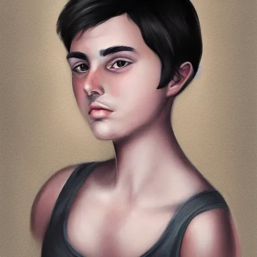 Prompt: a digital portrait of a 19 year old with black hair,hazel green eyes, drawn in the style of mark Arian