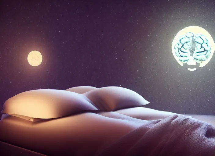 Prompt: a beautiful 3 d render of a brain tucked into a cozy bed in a cozy bedroom at night, lit by moonlight, epic composition, rendered in arnold, by thomas kinkade, raphael lacoste, makoto shinkai, expansive view, rule of thirds golden ratio clean, light effect, 8 k, maya renderer, unreal engine