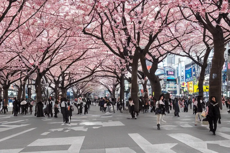 Image similar to beautiful Shibuya crosswalk by Vincent Di Fate, rule of thirds, highly detailed, sakura trees, beautiful, sharp focus