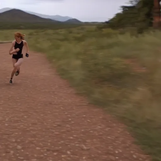 Image similar to screenshot of go pro footage from front view emma stone running in front of tiger