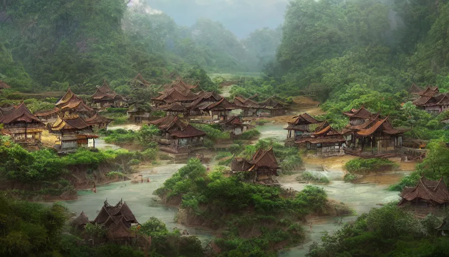 Prompt: matte painting of a beautiful tai yai village, digital art, trending on artstation