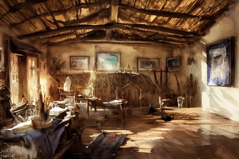 Prompt: paint brush strokes, abstract watercolor painting of rustic village house, medieval straw roof, scandinavian viking age, ambient lighting, art by hans dahl, by jesper ejsing, art by anders zorn, wonderful masterpiece by greg rutkowski, cinematic light, american romanticism by greg manchess, creation by tyler edlin