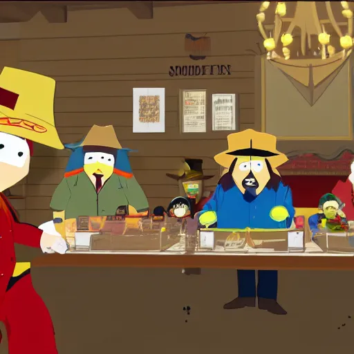 Prompt: a still of from blazing saddles crossover with south park