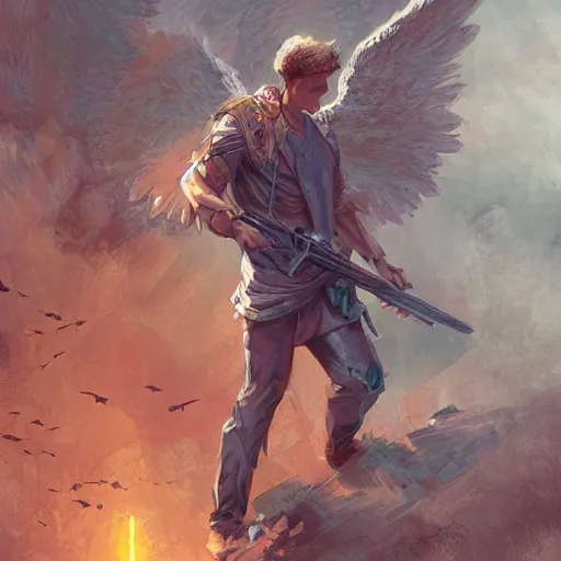 Image similar to angel protecting man, detailed intricate ink illustration, happy atmosphere, detailed illustration, hd, 4k, digital art, overdetailed art, by greg rutkowski, by loish, complementing colors, Trending on artstation, movie poster style