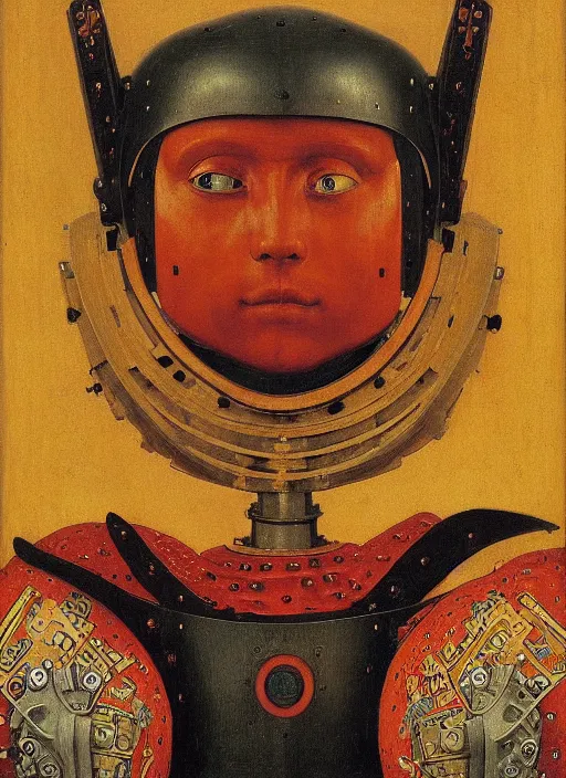 Image similar to a portrait of a warrior robot by Jan van Eyck