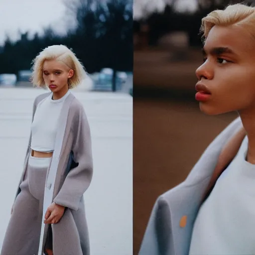 Prompt: realistic photoshooting for a new ssense lookbook, color film photography, photo of a beautiful blonde woman, photo in style of tyler mitchell, 3 5 mm,