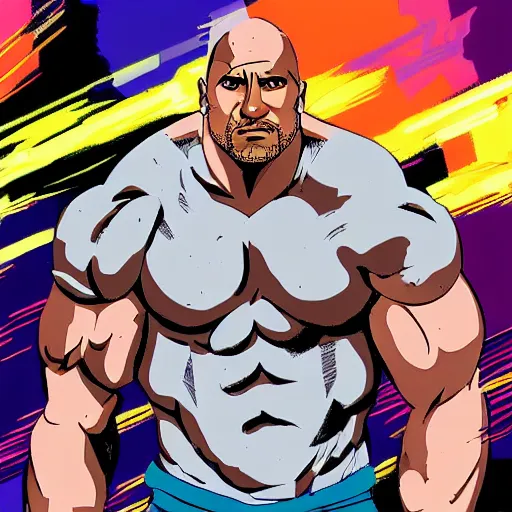 Prompt: A portrait of Dwayne Johnson, in the style of modern anime, city, rain