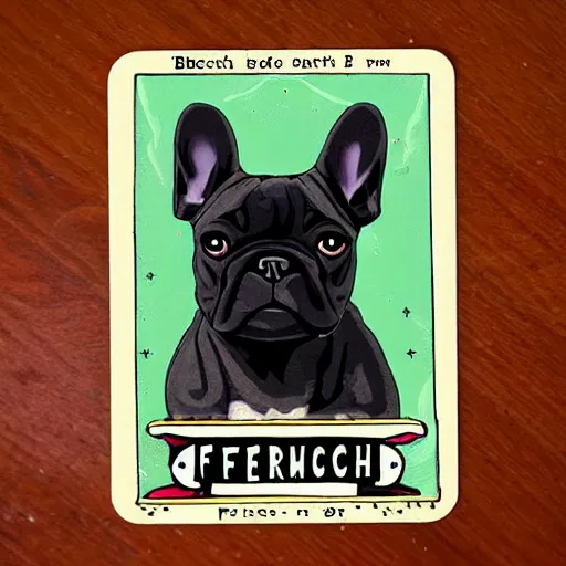 Prompt: black french bulldog, tarot card