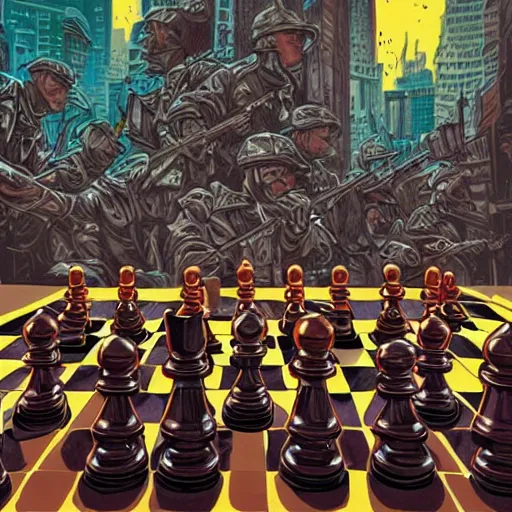 Prompt: a soldier overshadowed by giant chess pieces, artwork by dan mumford