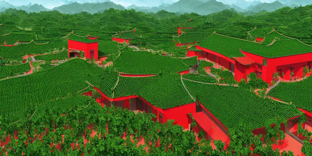 Image similar to A Chinese style winery with red walls and a green roof. The vineyards are sprawling and green, with a river winding through them. In the distance, there are mountains. immaculate scale, hyper-realistic, Unreal Engine, Octane Render, digital art, trending on Artstation, 8k, detailed, atmospheric, immaculate