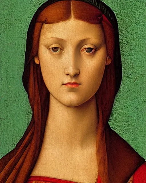 Image similar to a close up of a painting of a woman, a detailed painting by pietro perugino, behance, renaissance, da vinci, pre - raphaelite, detailed painting