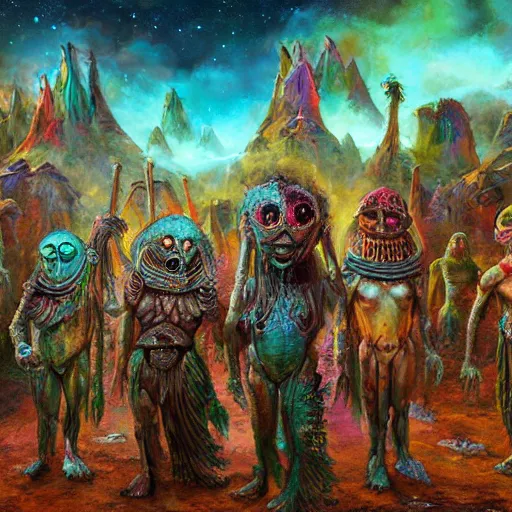 Image similar to extraterrestrial religious procession in village on ancient post - apocalyptic planet, jim henson creature shop, vivid and colorful, cinematic, oil painting, highly detailed, illustration