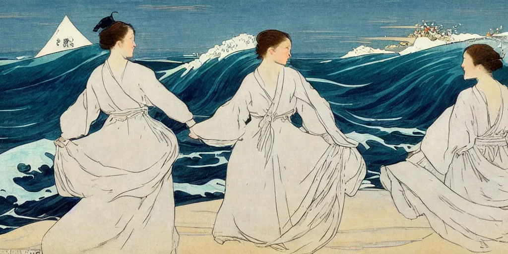 Image similar to two young edwardian women wearing white dresses hold hands on a beach in Sweden, by Anders Zorn, waves in the style of the great wave off kanagawa by Hokusai