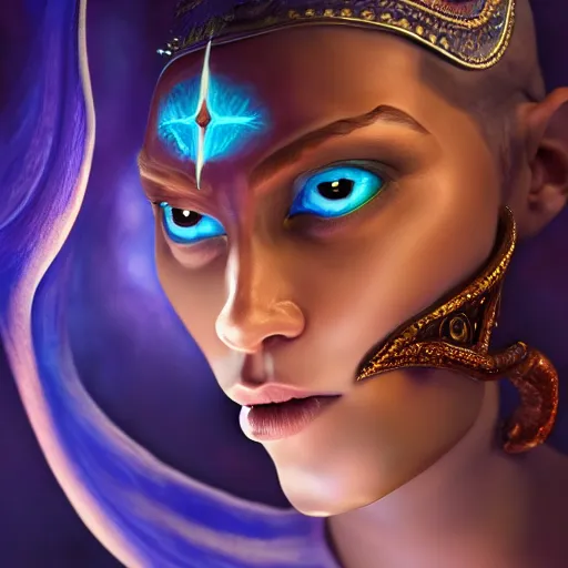 Image similar to all powerful genie, ecstatic, infinite power, manic, perfect eyes, full body shot, magical being, magic, portrait, noble, transformation, vivid colors, elegant, concept art, sharp focus, digital art, Hyper-realistic, 4K, Unreal Engine, Highly Detailed, HD, Dramatic Lighting by Brom, trending on Artstation