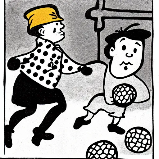 Image similar to illustration of french boy on the streets of paris playing football against a corgi, the dog is wearing a polka dot scarf, comic, 1 9 6 2