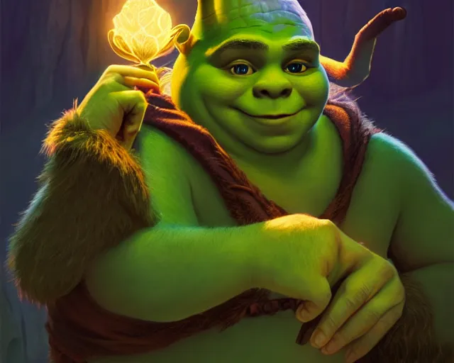 Image similar to michael cera as shrek, dressed as a wizard, deep focus, d & d, fantasy, intricate, elegant, highly detailed, digital painting, artstation, concept art, matte, sharp, illustration, hearthstone, art by artgerm and greg rutkowski and alphonse mucha