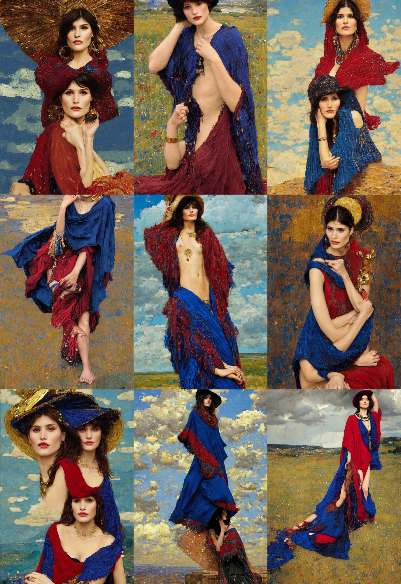 Prompt: portrait of fashionable young woman wearing rich jewerly hat and deep blue and red boho poncho with gold texture, Gemma Arterton in elegant decollete, sitting dynamic pose, Low poly, thunder clouds in the sky, artwork by john william waterhouse and Denis Sarazhin and klimt and rhads and Dean Ellis and Detmold Charles Maurice, levitation, industrial rusty pipes, simple form, brutal shapes